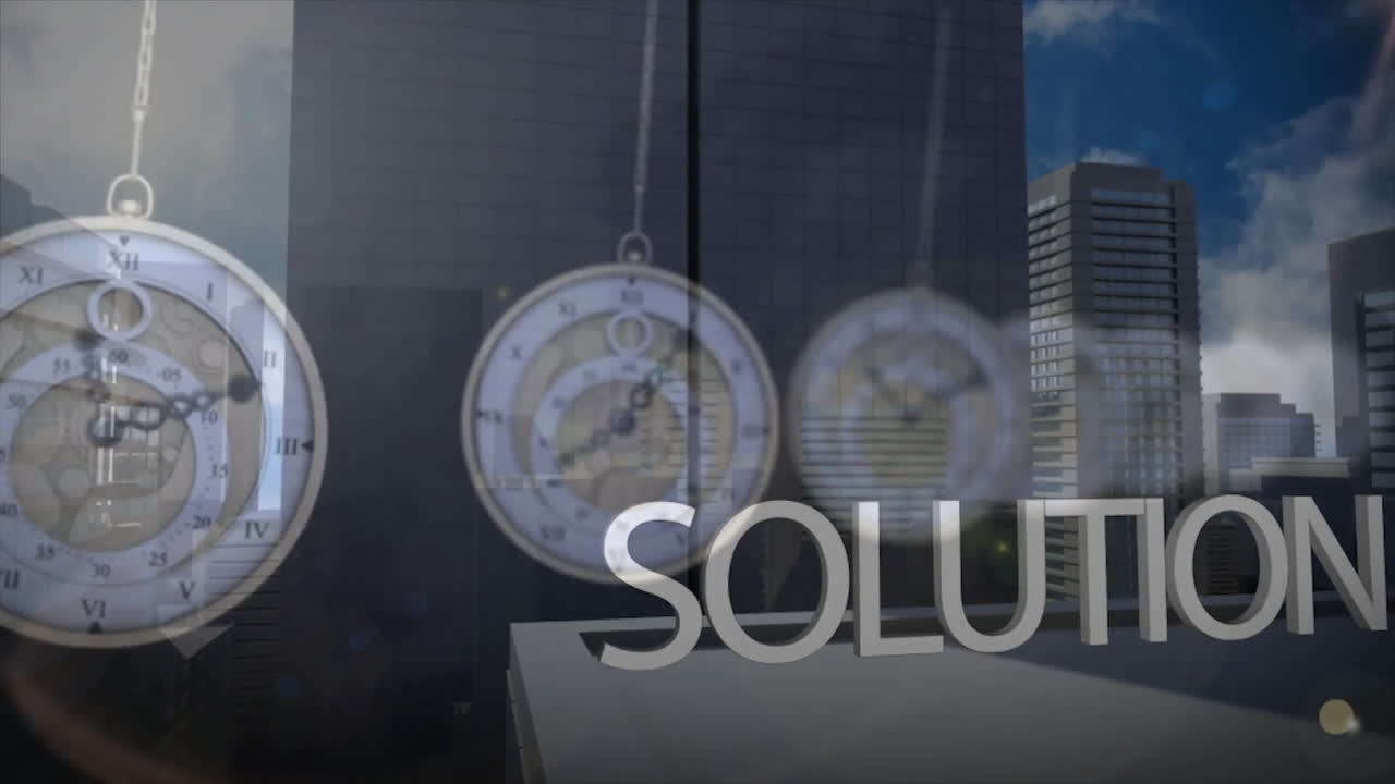 animación de relojes móviles y textos de éxito de soluciones en el paisaje urbano