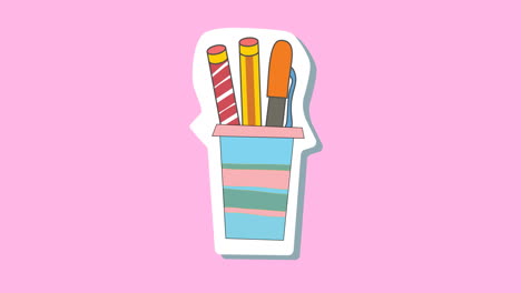 animación de los iconos de los artículos escolares que se mueven sobre un fondo rosa