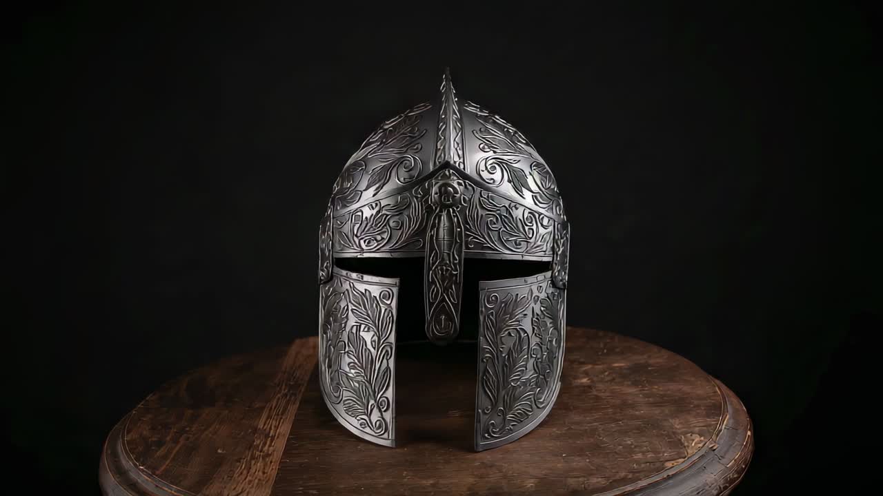 Rotating helmet revealing engraved floral motifs on wooden studio table after initial frame