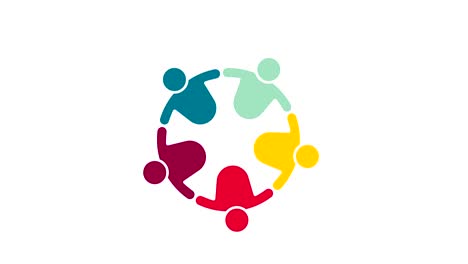 logotipo de personas. grupo símbolo de trabajo en equipo de cinco personas en un círculo.4k resolución gráfica de movimiento