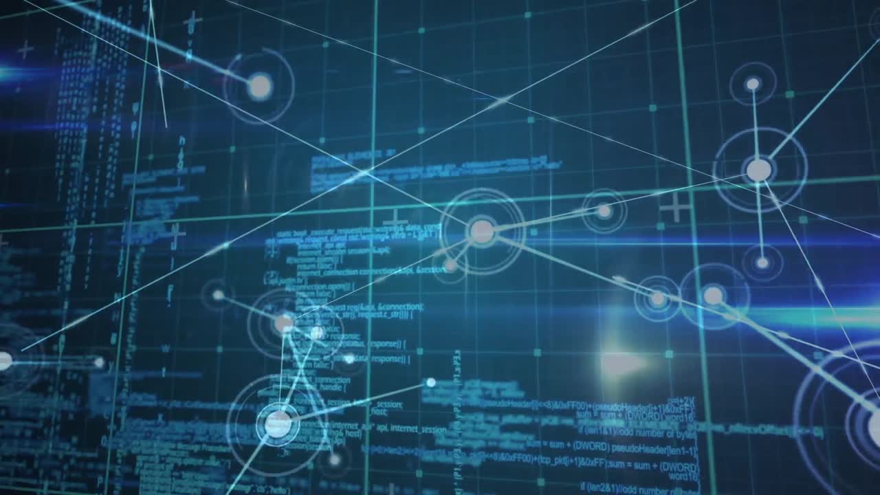 animación de la red de conexiones y procesamiento de datos diversos en el espacio digital