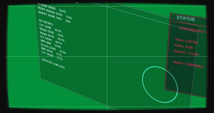 On refresh HUD sliding in, showing KPIs cyan donut rotating red status confirming on transparent bg