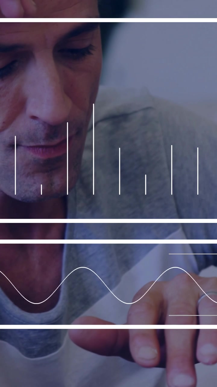 Video verticale: Uomo che abbassa il braccio, toccando una superficie in casa, animando forme d'onda e barre per la tecnologia.