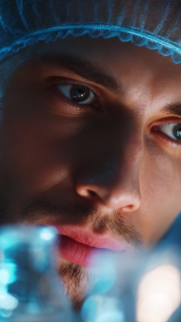 Focused Researcher Analyzing Lab Vials Under Bright Light in a Scientific Environment, Capturing the Intensity of Discovery and Exploration in Their Eyes