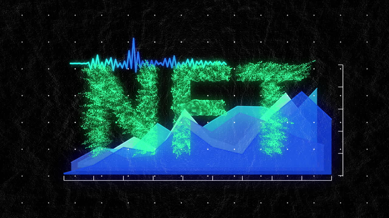 animación de puntos que forman texto nft sobre gráfico y onda sonora contra fondo negro