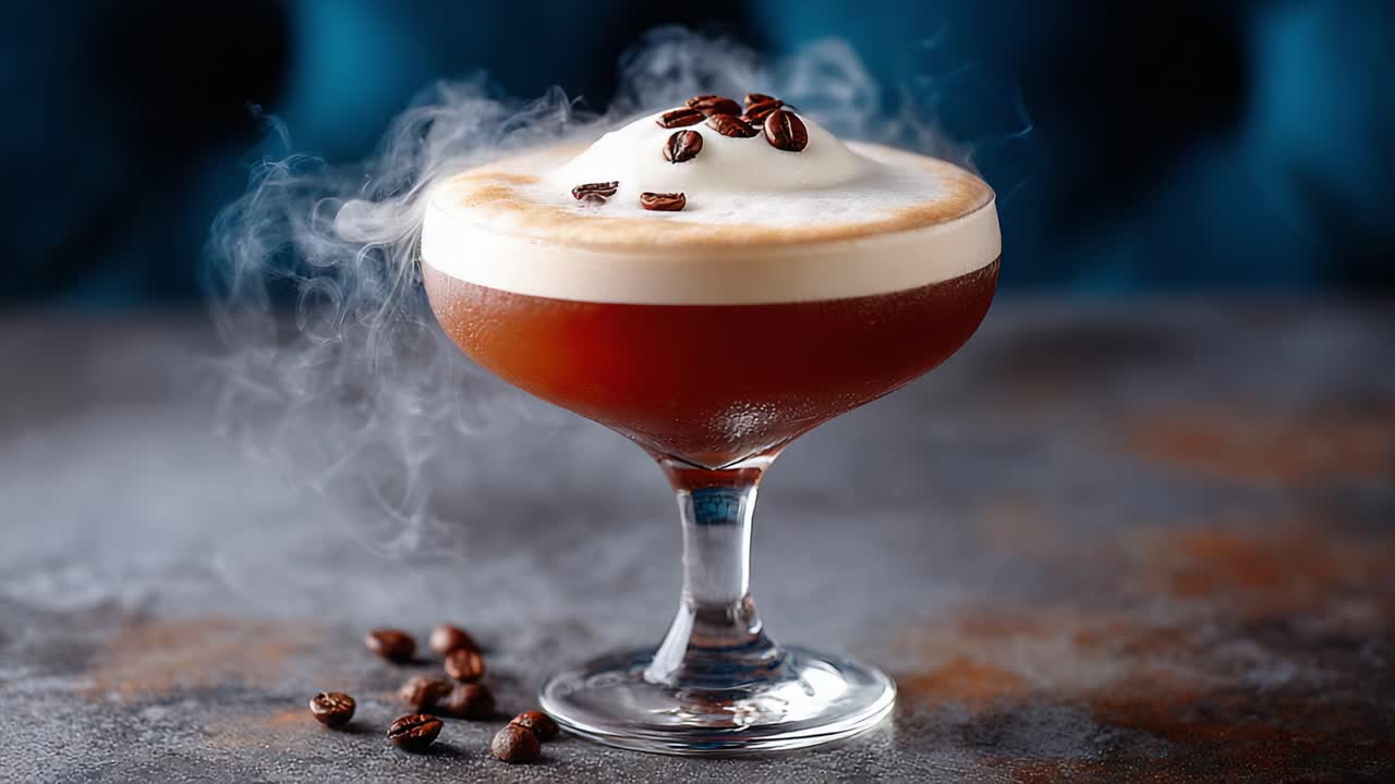 An Elegant Cocktail Featuring Rich Coffee with Frothy Cream and Coffee Beans, Set Against a Smooth Surface with Smoky Vapor Enhancing the Atmosphere