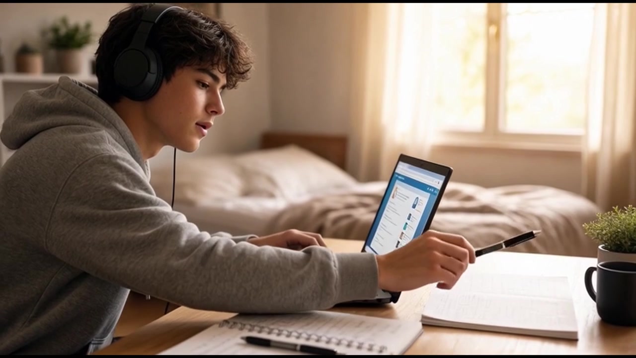 Young Man Studying on Laptop with Headphones in Bedroom