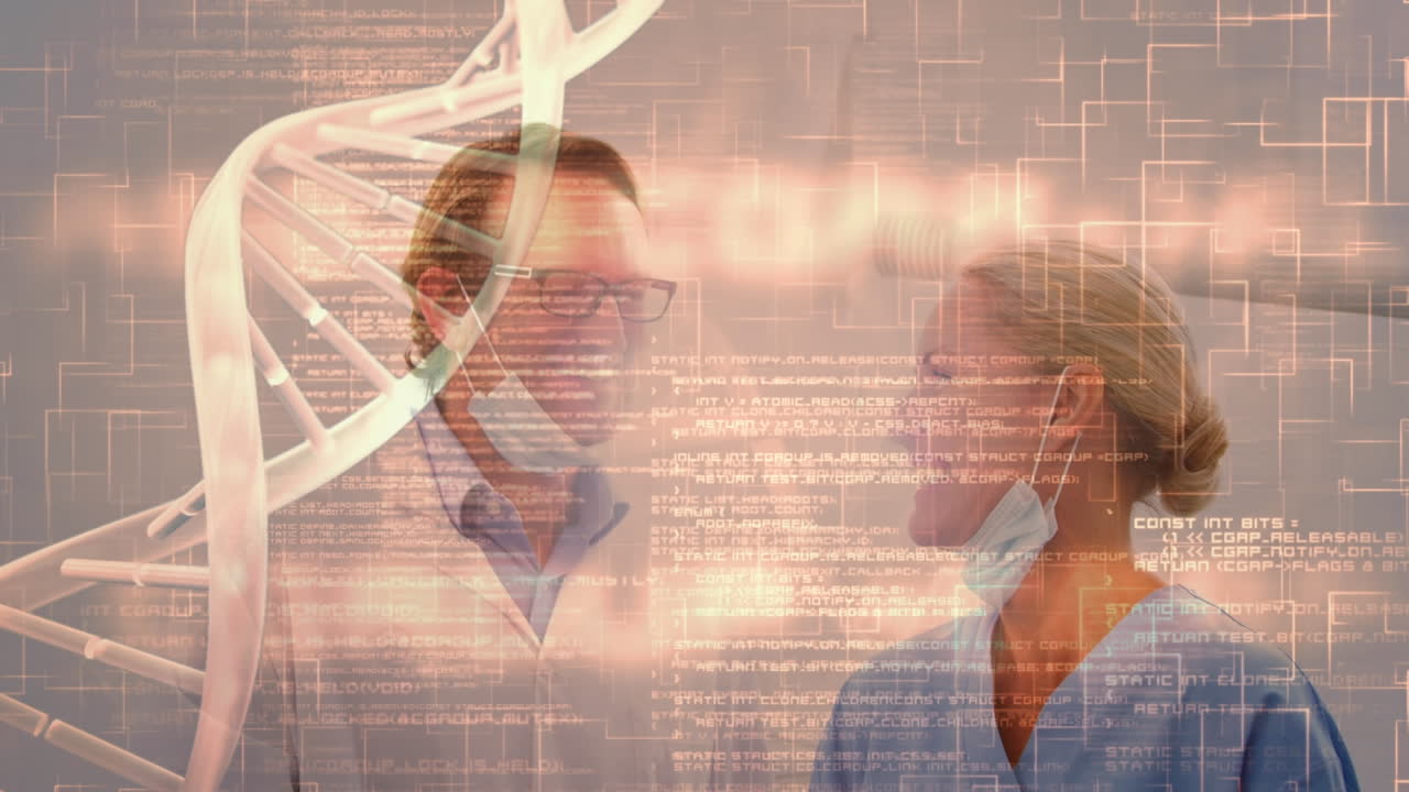 두 명의 백인 치과의사에 대한 의료 데이터 처리 애니메이션