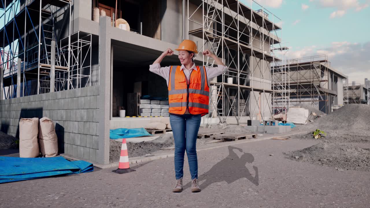 Ingeniera asiática con casco de seguridad mostrando el bíceps y sonriendo a la cámara, de cuerpo entero, de pie en una obra de construcción de una nueva casa.