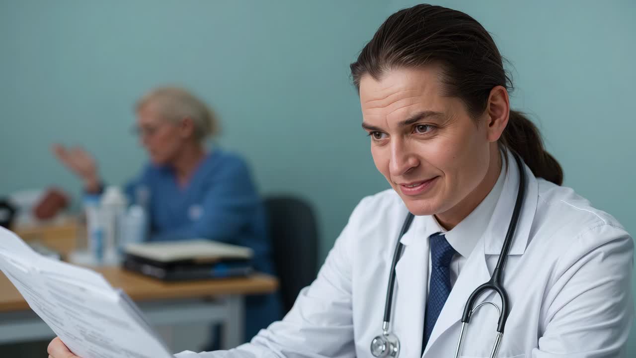 Receiving paperwork, physician in white coat with stethoscope reading charts at clinic for consult