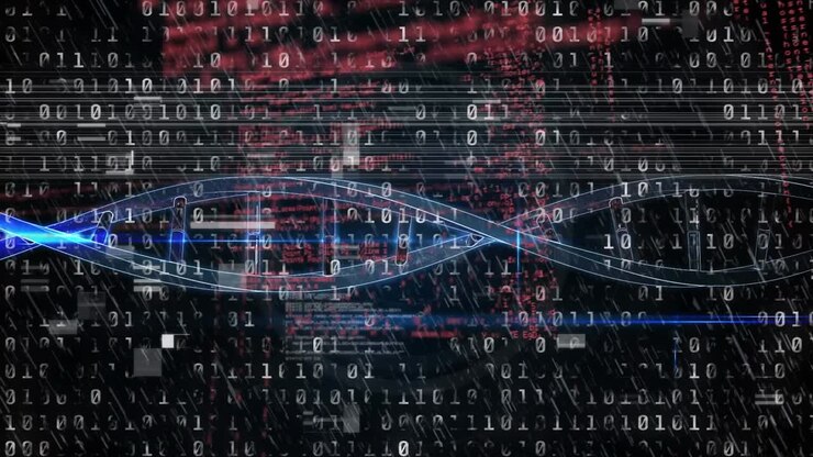 Animation of glitch technique, lens flare, binary codes, programming language, illuminated dna helix