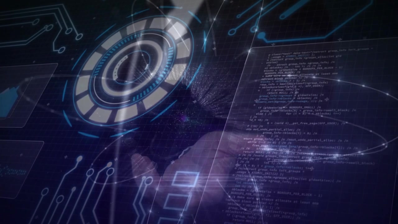 Tech hand approaching, hovering, guiding HUD interface, forming luminous links expanding code panel