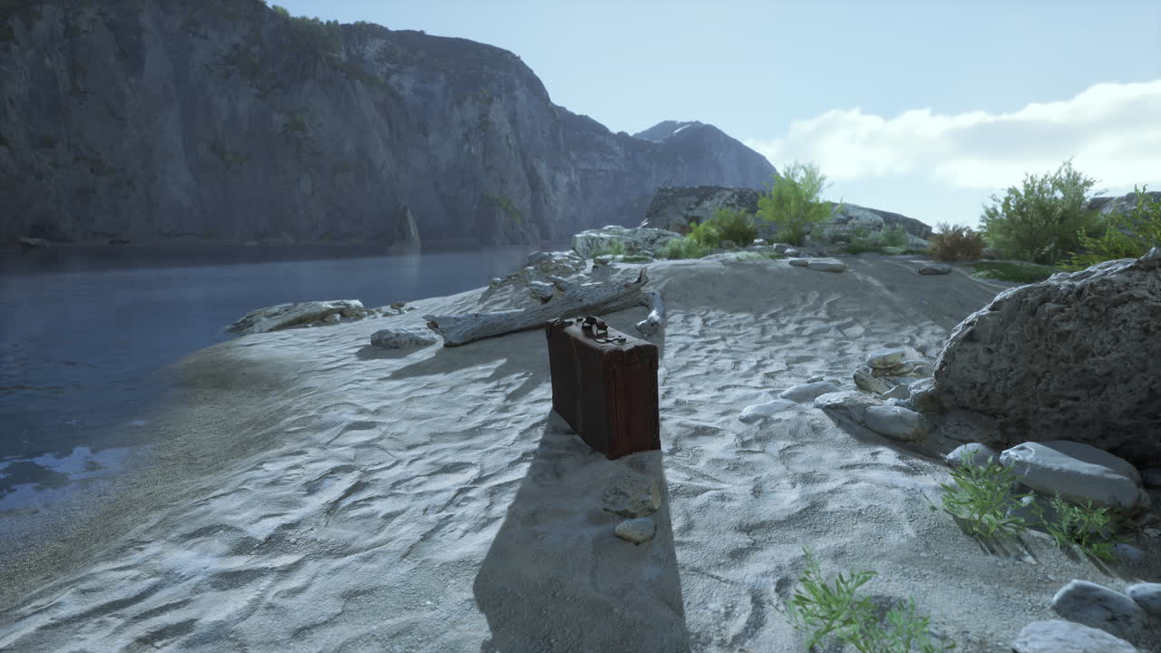 모래 해변 에 버려진 가방