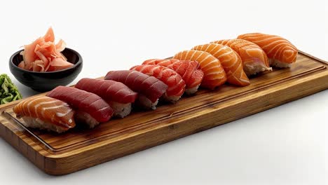 assortment of salmon and tuna sushi nigiri on a wooden board