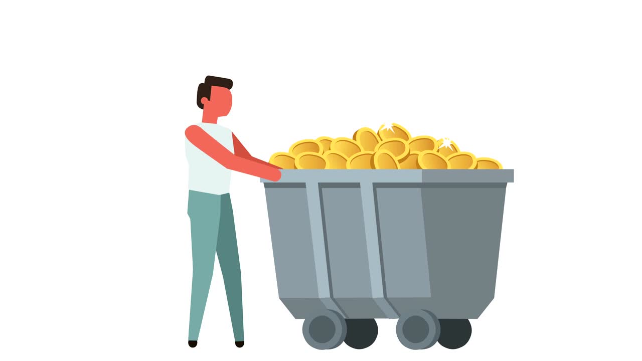 스틱 피그 컬러 픽토그램 남자 캐릭터 완전한 금 돈 광산 마차 만화 애니메이션