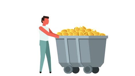 figura de pictograma de color hombre personaje caminar con todo el oro dinero carro de minería animación de dibujos animados