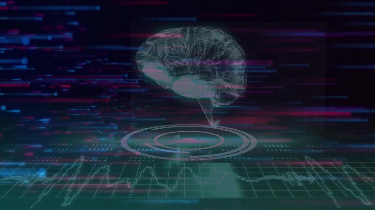 Glitch bars sweeping and brain hologram flickering while rotating on glowing base visualizing data