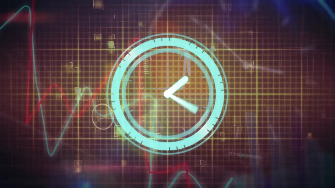 Animation of neon ticking clock over light sparkles and data processing against black background
