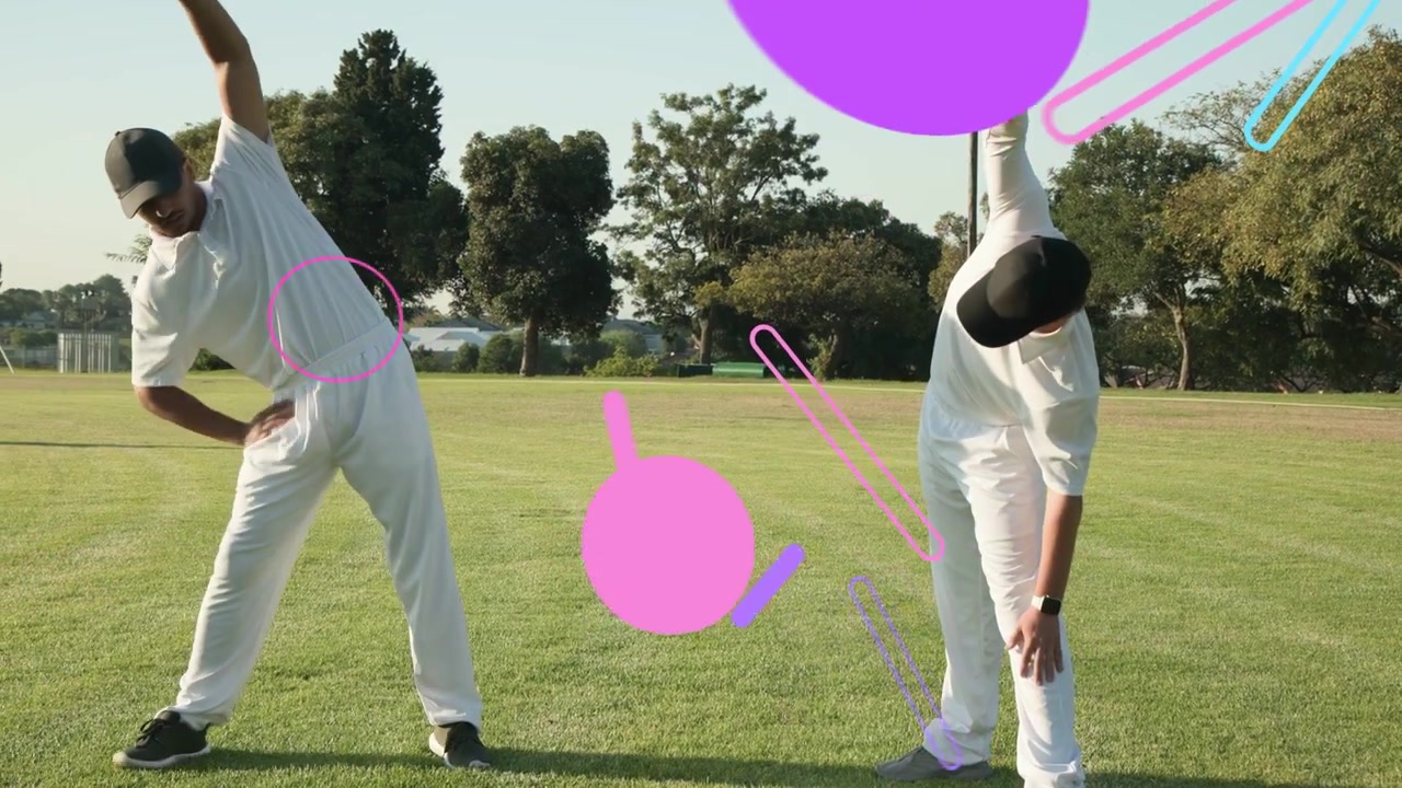 Due giocatori di cricket che si riscaldano sull'erba, uno che inizia a piegarsi, l'altro che lo segue, con anelli che fluttuano sopra.