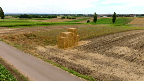 stacked square hay bales in vast rural farmland