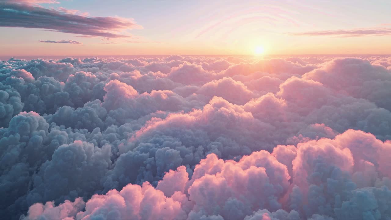Aerial view of fluffy pink clouds at sunrise, creating a serene, dreamlike atmosphere