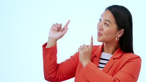 woman, smile and pointing with presentation