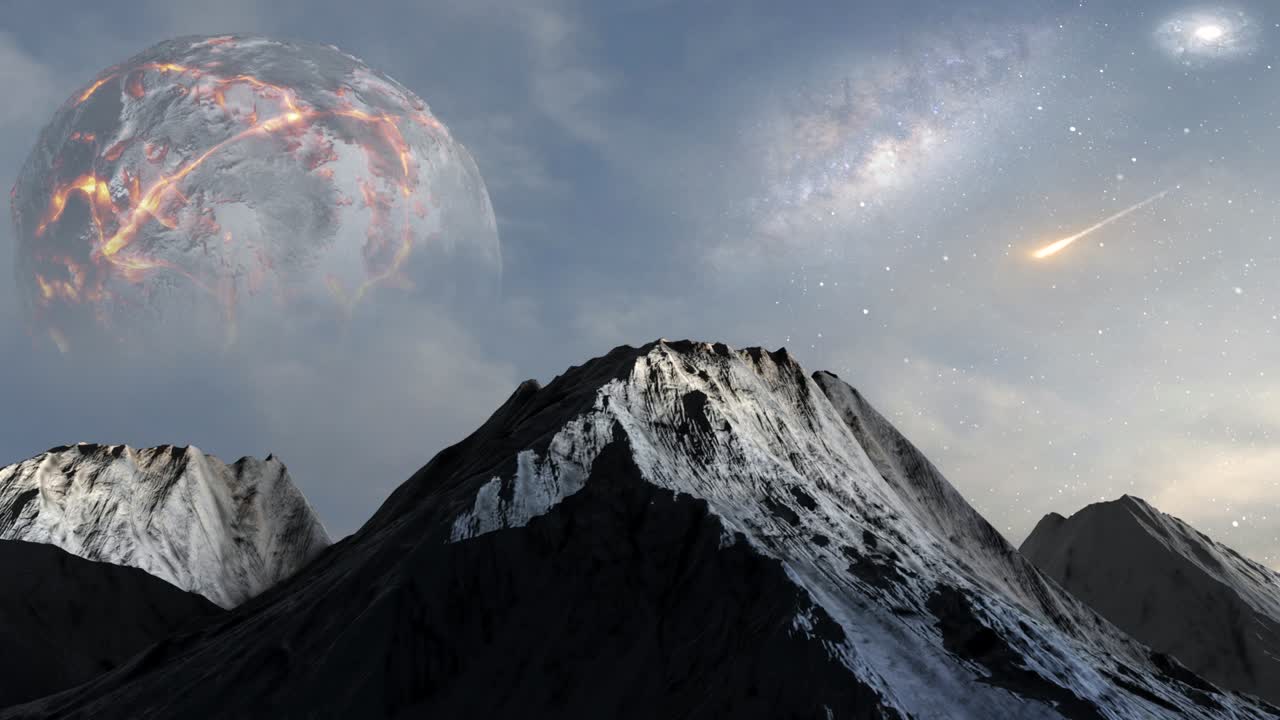 화산 산과 죽은 별을 가진 외계인의 죽은 행성