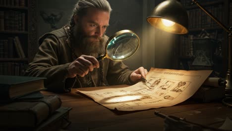 a curious scholar examines ancient manuscripts under a warm lamp, engaged in an intellectual pursuit with a magnifying glass in a dimly lit library setting