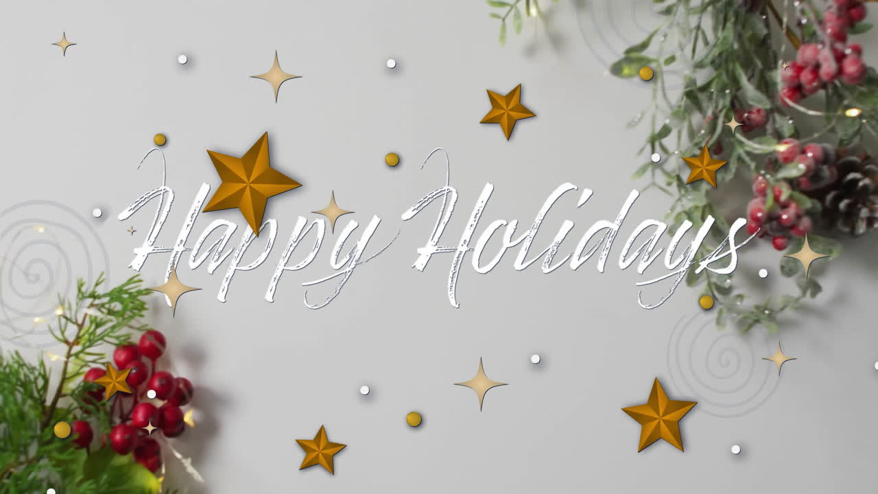 Animation of happy holidays text over stars and wreath