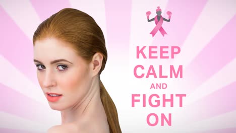 Animation-of-pink-ribbon-logo-with-breast-cancer-text-over-young-woman