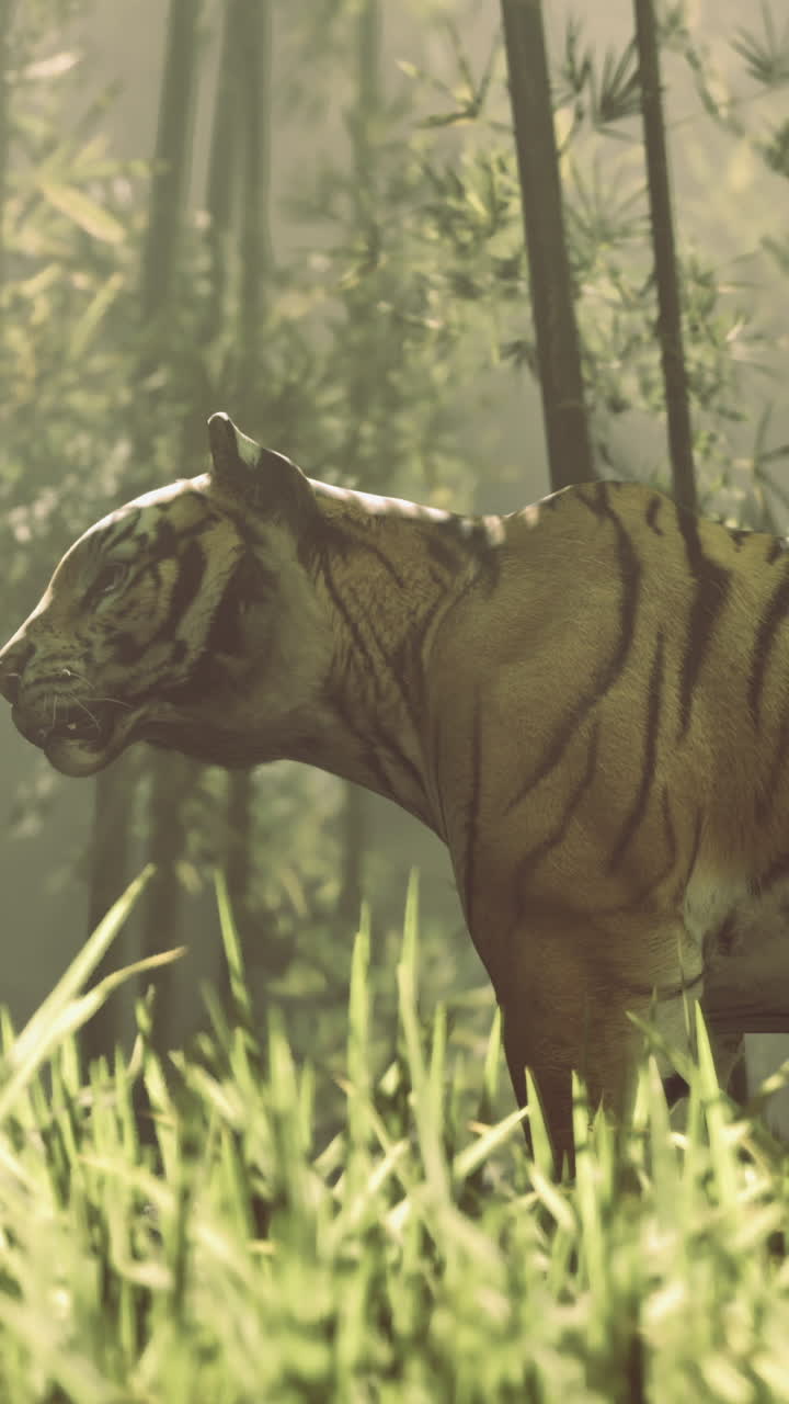 Tiger walks through green grass in forest during sunny day in nature