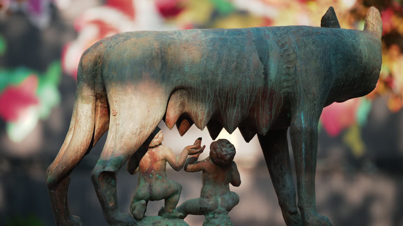 Chisinau, Moldova - September 25, 2025: Historic bronze statue of the Capitoline Wolf with Romulus and Remus on a red marble pedestal in front of the National History Museum of Moldova