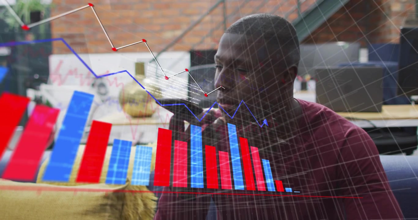 Man speaking into phone and activating finance 3D bar chart overlaying front as bars animating