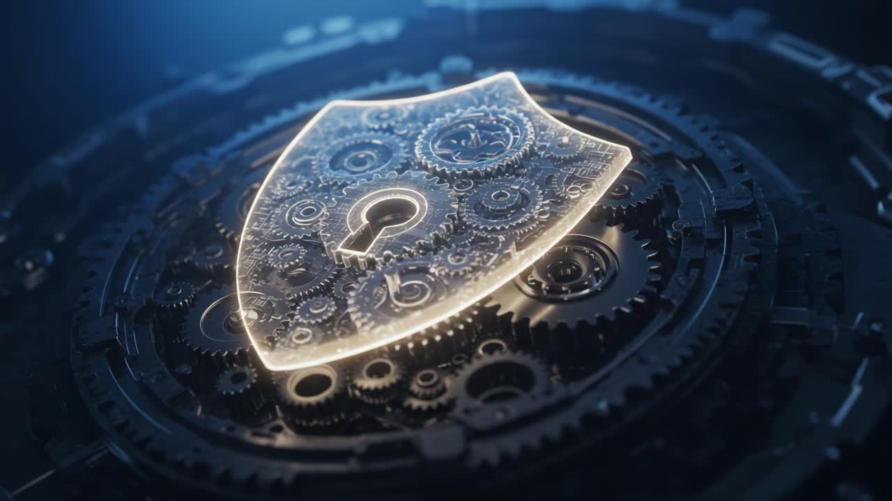 Intricate Shield Design with Gears: A Stunning Visual Representation of Cybersecurity and Protection in Technology, Symbolizing Safety and Innovation