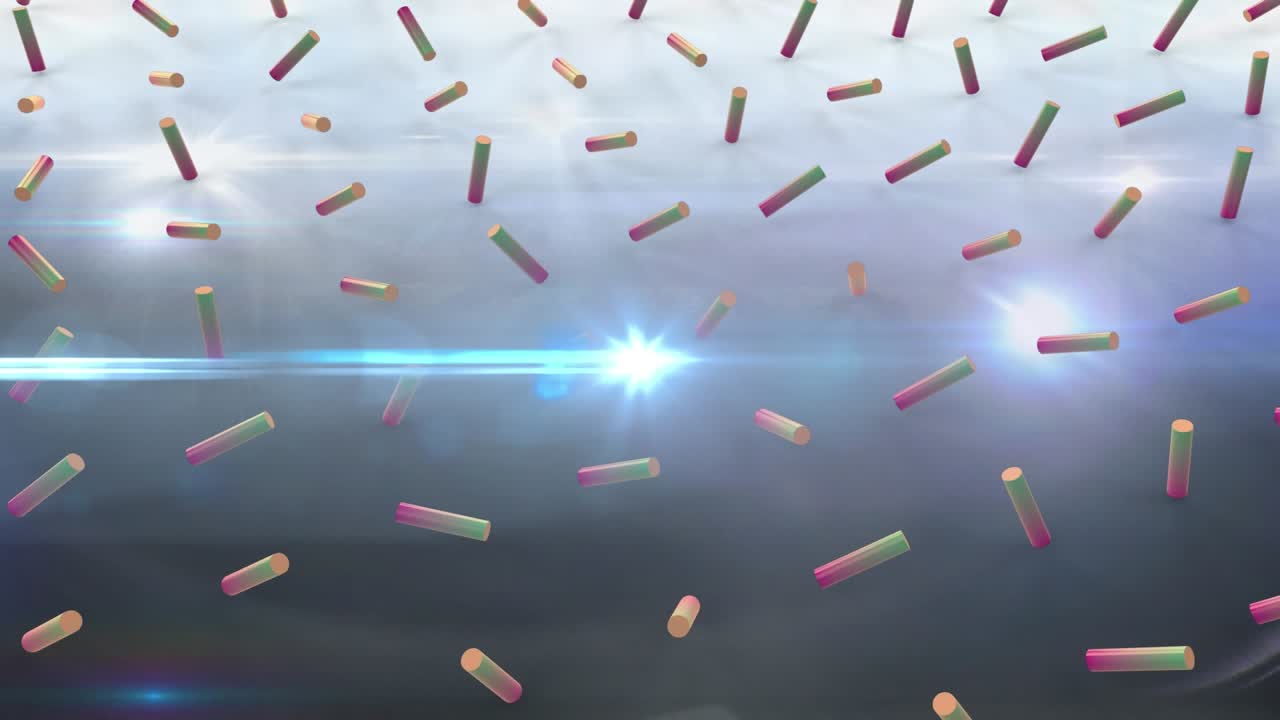 Animation von farbigen Formen über Lichtspuren und Punkten auf schwarzem Hintergrund