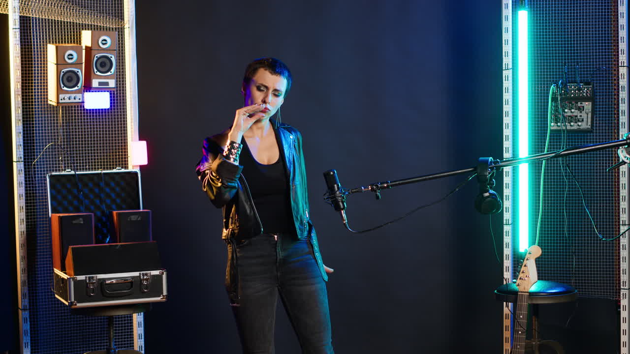 Female singer performing in studio with musical equipment and neon lights
