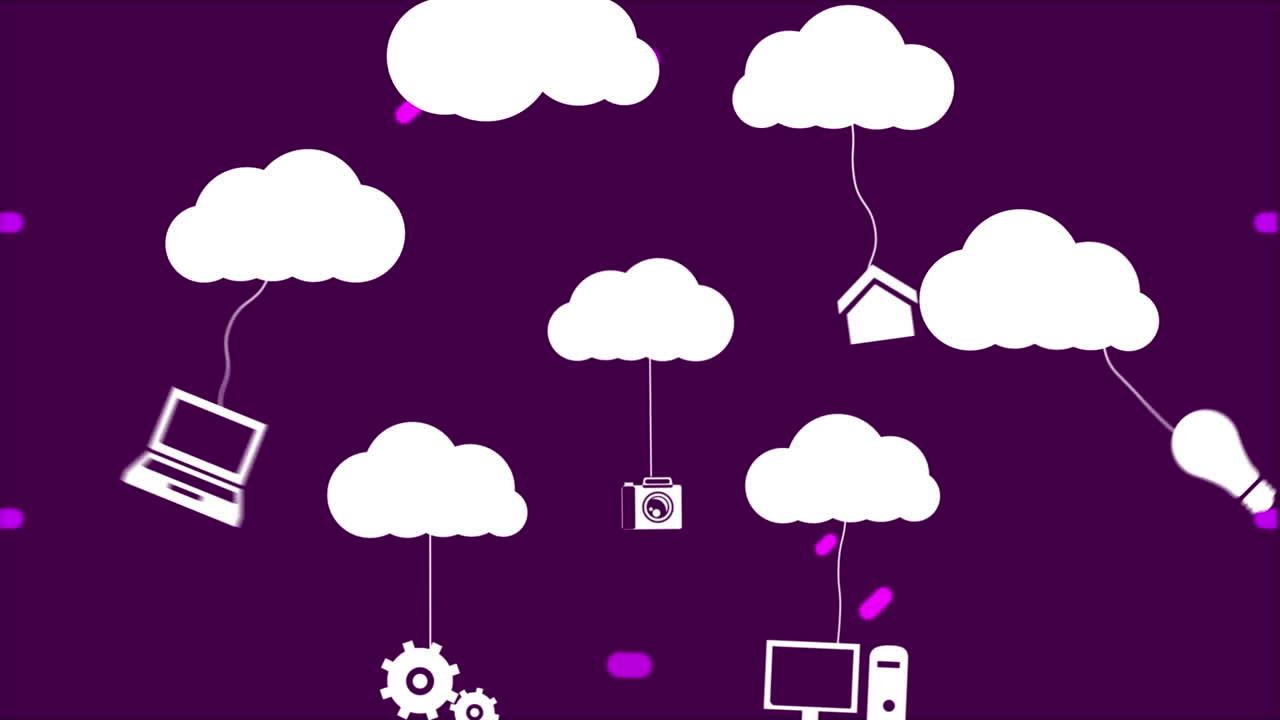 Animation of white clouds with hanging media icons over pink circular scanner on black background