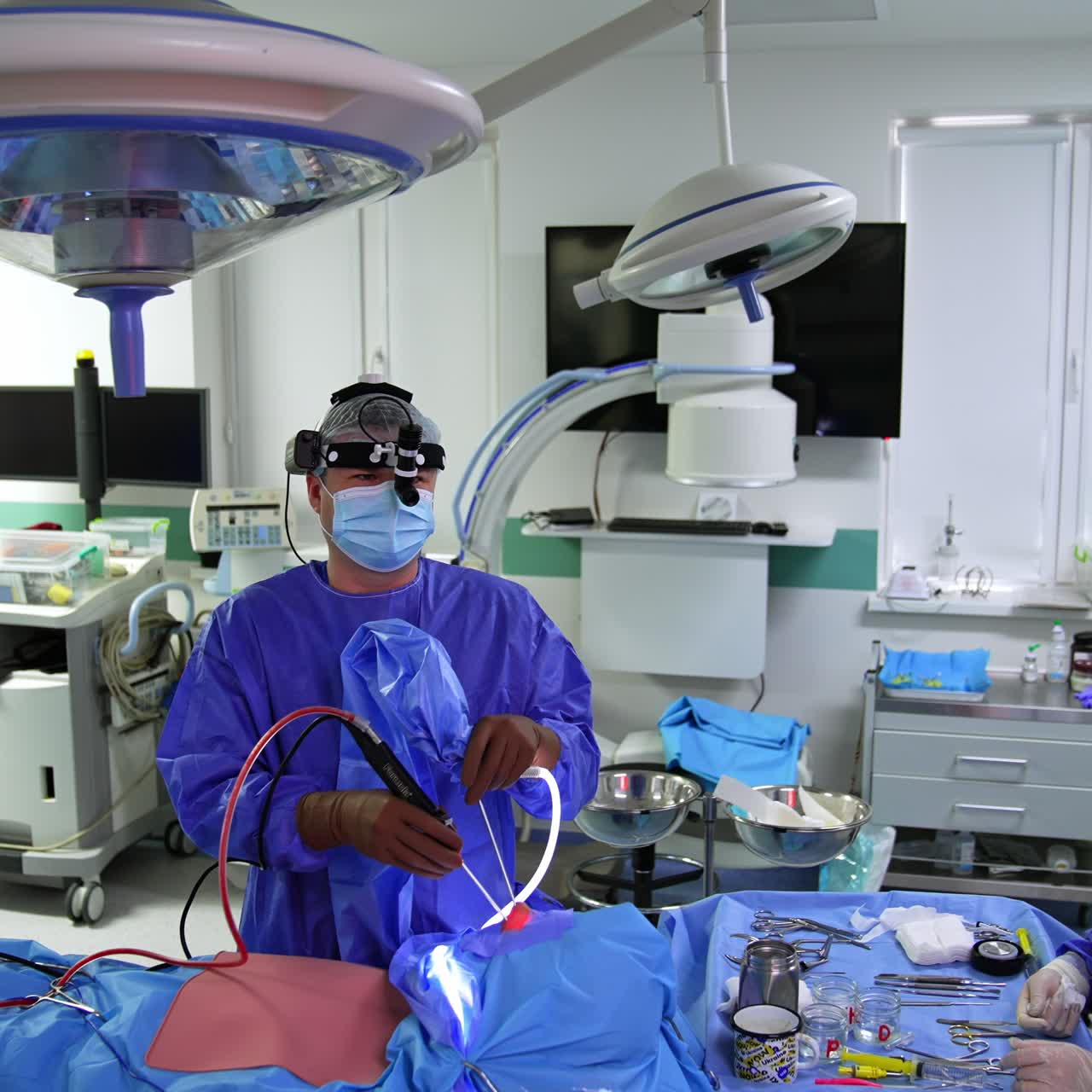 Surgeon otolaryngologist applying tools in the patient's nasal cavity. Doctor looks attentively at the screen in front of him