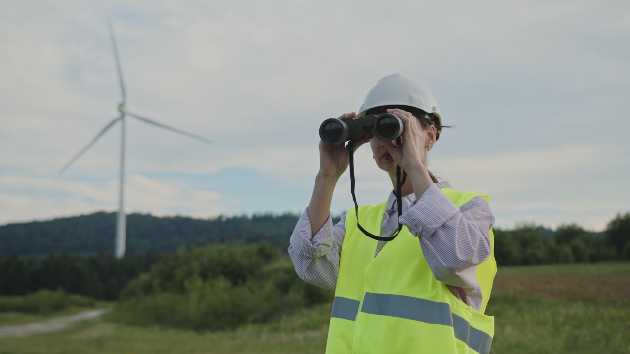 Ingeniør i hat og sikkerhedsvest bruger kikkert til at inspicere vindmøller på mark, vedvarende energi