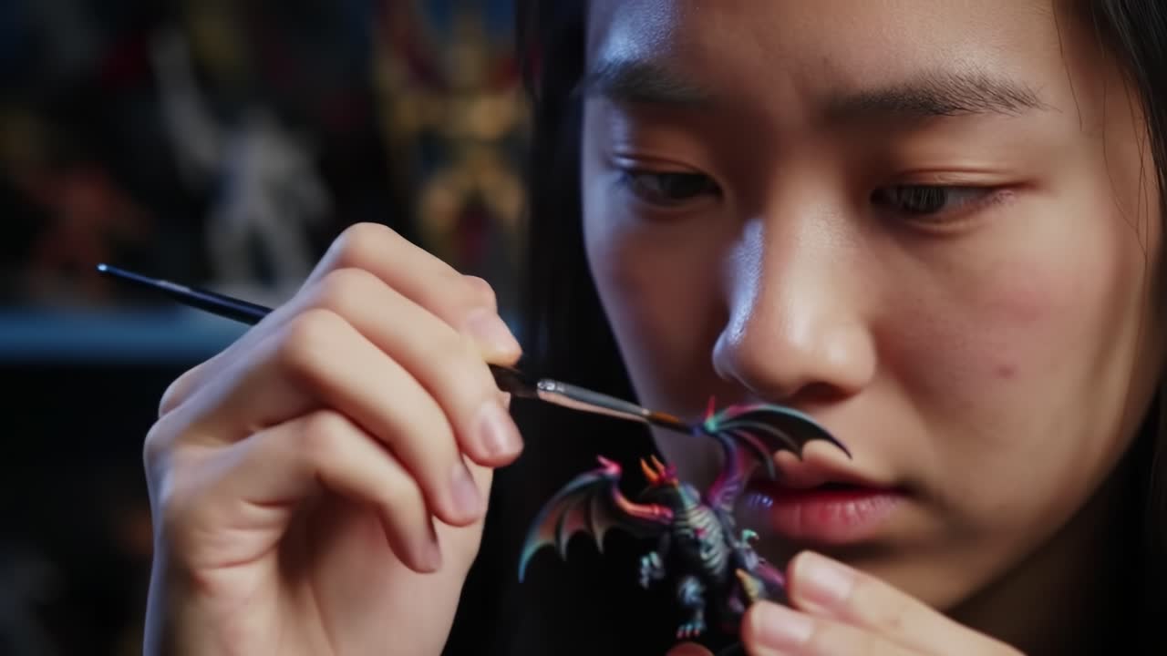 A Focused Artist Perfecting a Miniature Dragon Model with Artistic Precision, Showcasing the Intricacies of Painting Miniatures and Engaging Creativity