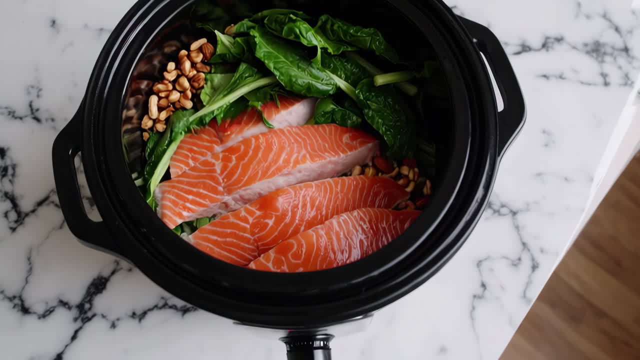 Salmon with Spinach and Pecans in a Slow Cooker