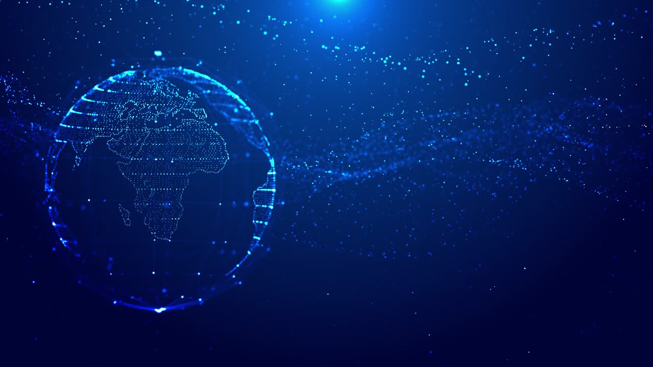Digital globe using bright blue particles connected through a web structure animated futuristic data