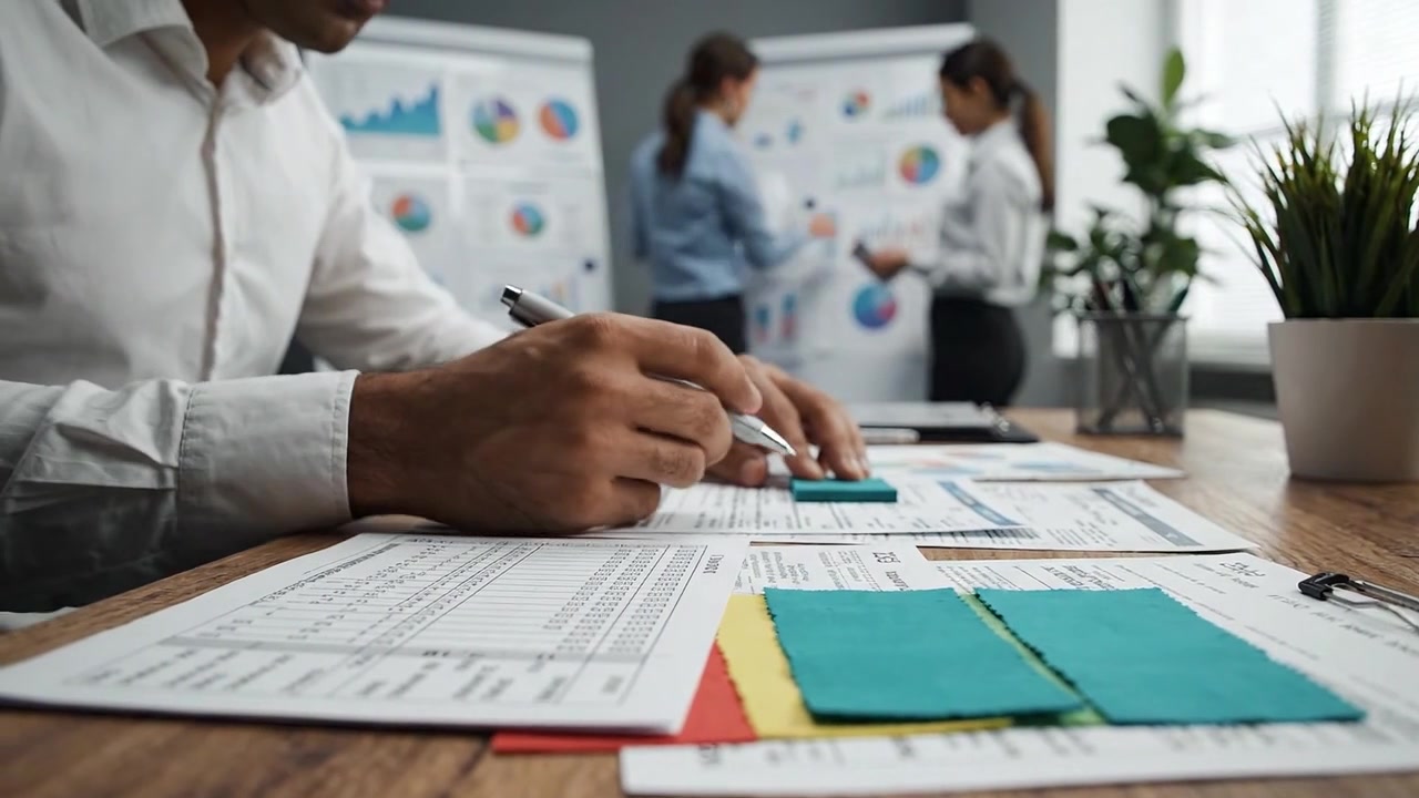 Professional Workspace with Focus on Business Analysis and Planning: Charts, Reports, and Team Collaboration in a Modern Office Environment