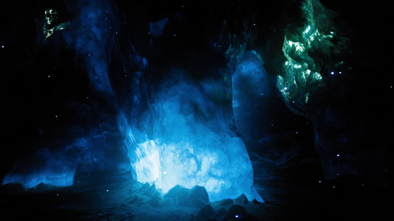 Enchanting blue ice cave illuminated by natural light effects at night