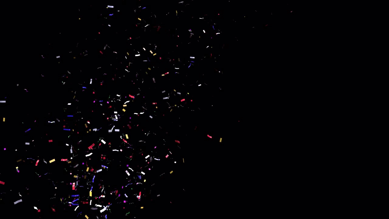 Colorful Confetti Falling and Scattering on Black Background