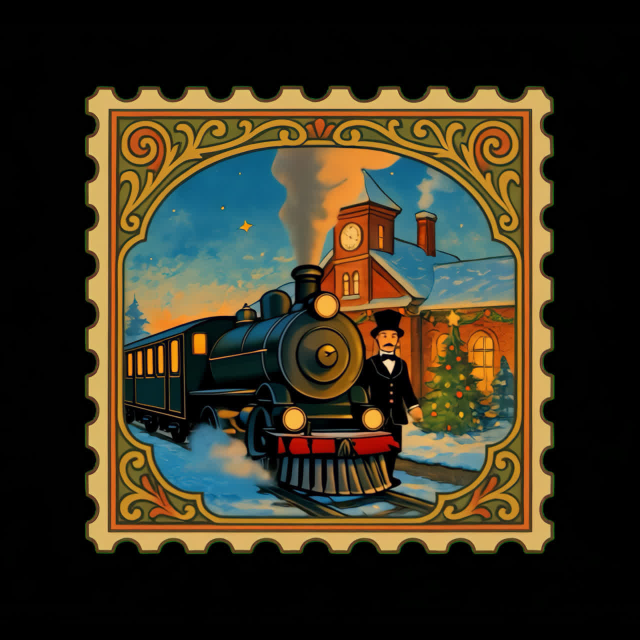 Vintage holiday train station illustration animation isolated asset, transparent 4K video, alpha
