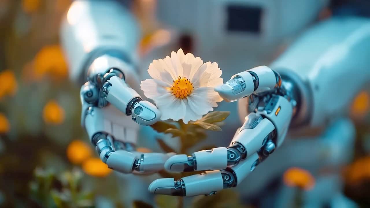 Robot Hands Holding a Cosmos Flower