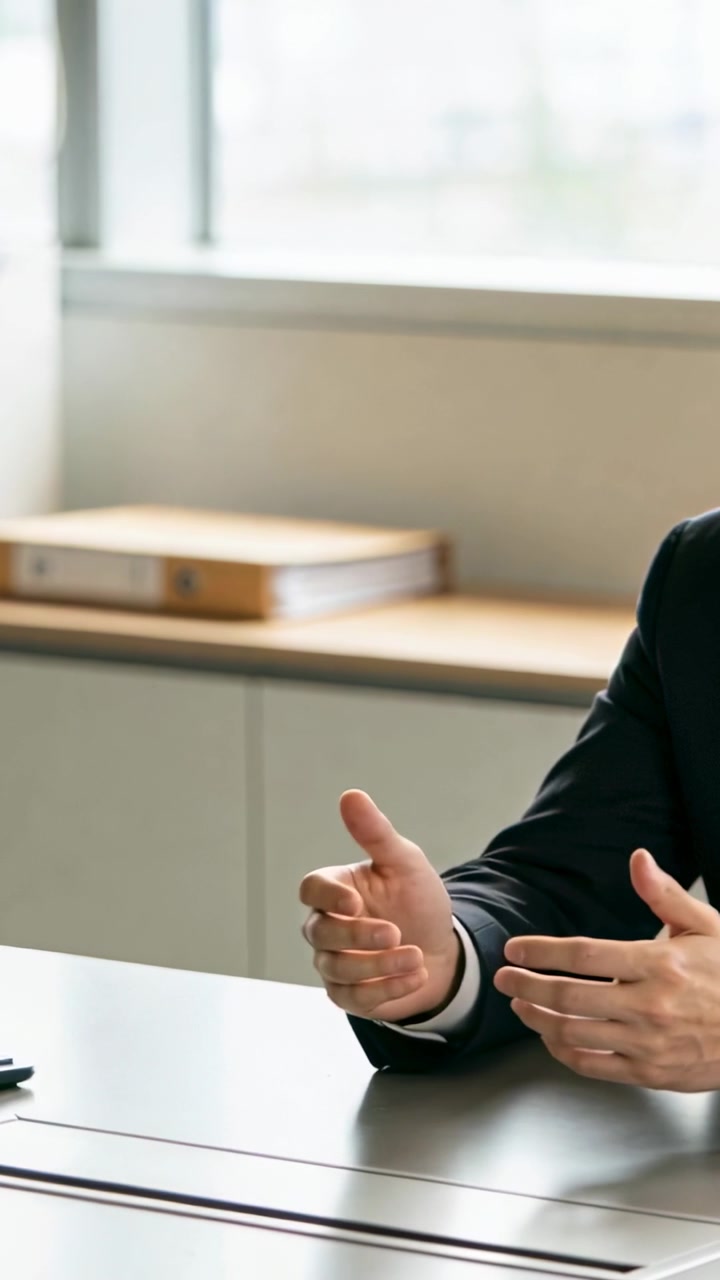 Vertical video: Gesturing man in suit explaining ideas in meeting at table, smartphone, copy space