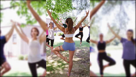 Bild-in-Bild-Aufnahme-Einer-Lehrerin,-Die-Einen-Outdoor-Yoga-Kurs-Leitet