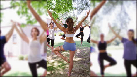 picture in picture shot of female instructor leading outdoor yoga class